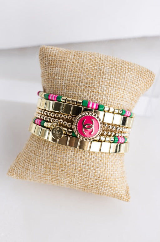 Designer Rope CC Button & Double Gold Bead Bracelet, Dark Pink