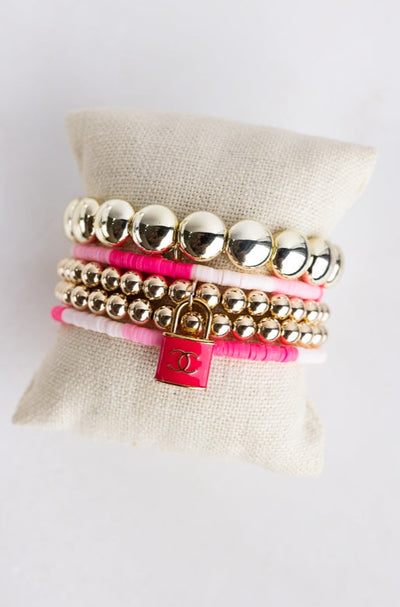 Designer CC Lock Charm & Thick Gold Bead Bracelet, Hot Pink
