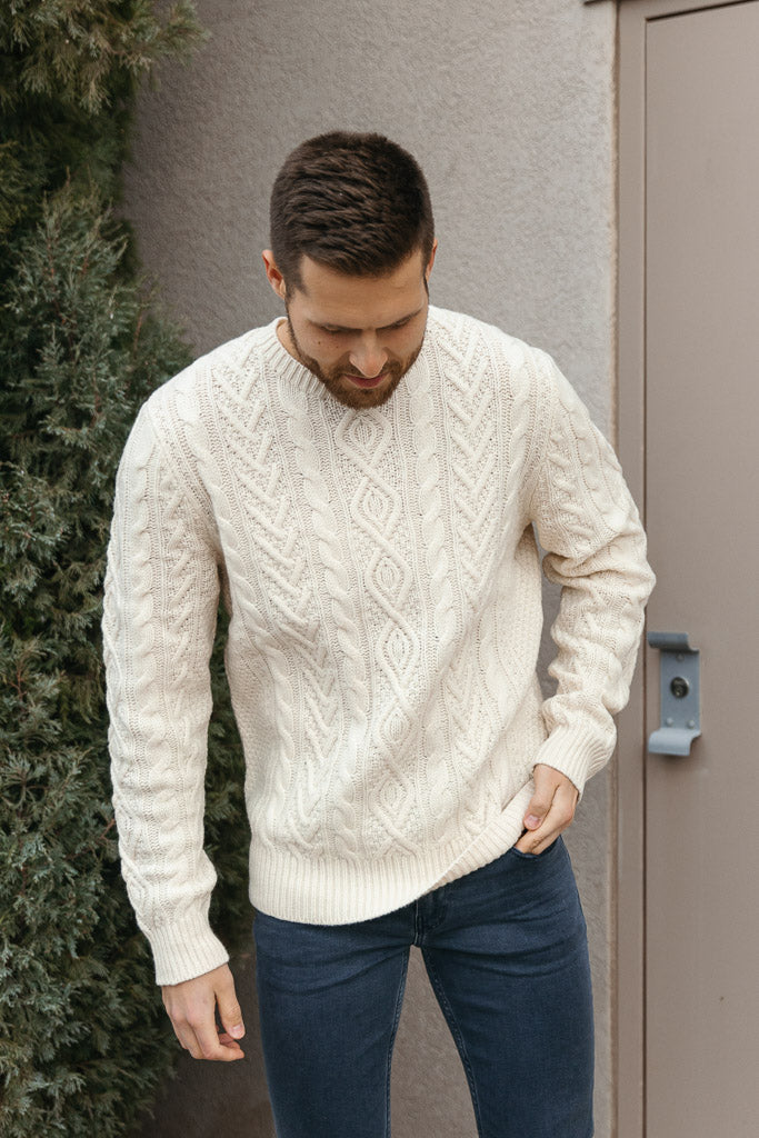 Beige Italian Wool and Cashmere Aran Crewneck Sweater by Proper Cloth