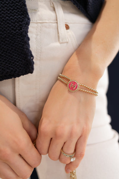 Designer Rope CC Button & Double Gold Bead Bracelet, Hot Pink