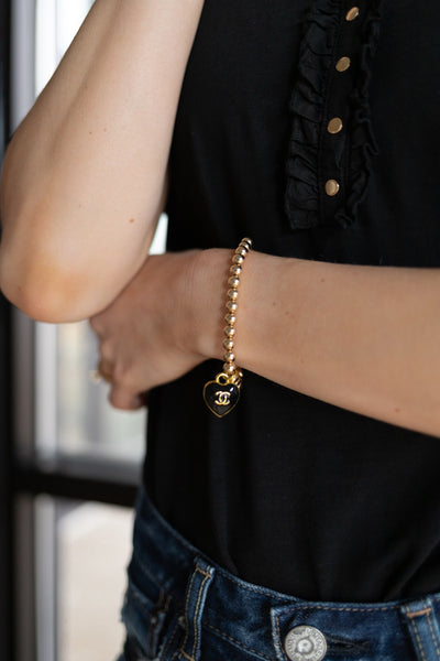 Designer CC Heart Charm & Thick Gold Bead Bracelet, Black