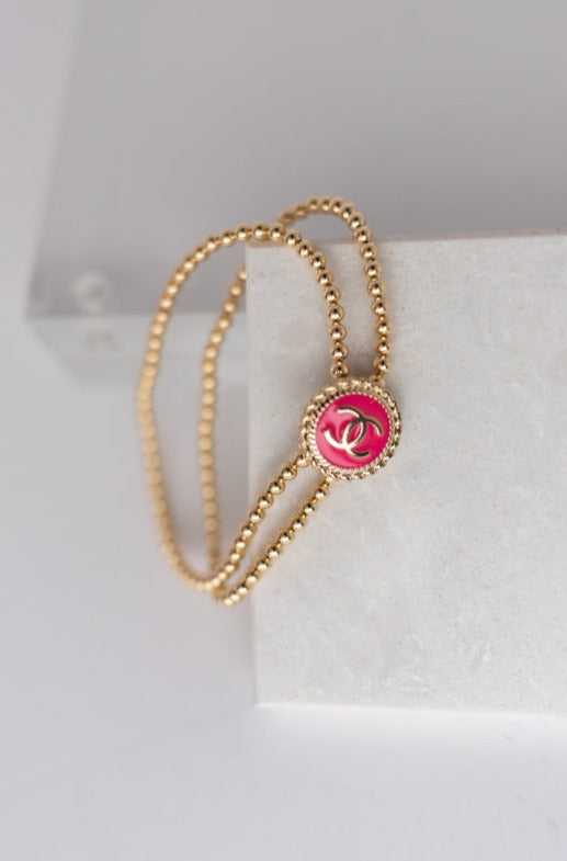 Designer Rope CC Button & Double Gold Bead Bracelet, Dark Pink - RUST & Co.