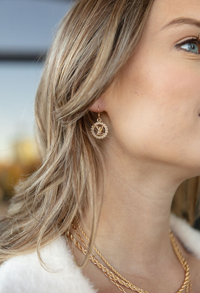 Designer Gold LV Charm Earrings  Pretty earrings, Earrings, Charm