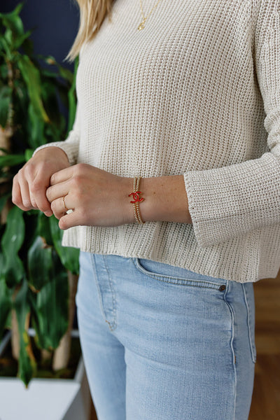 Designer CC Enamel Button & Gold Bead Bracelet, Red