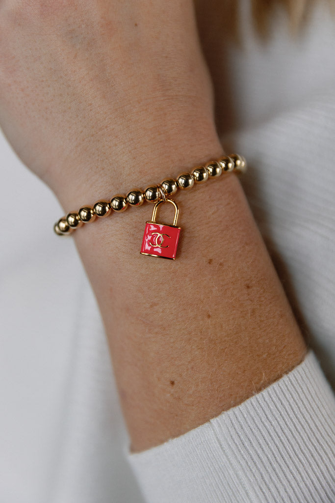 Designer CC Lock Charm & Thick Gold Bead Bracelet, Hot Pink