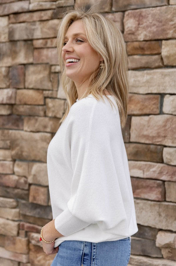 Kira Ribbed Dolman Sweater, Warm White