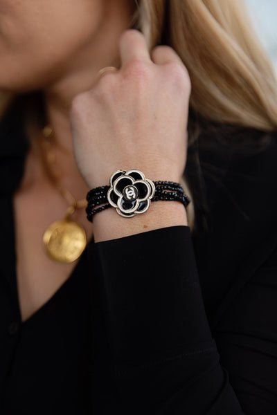 Designer CC Flower Button & Crystal Bead Bracelet