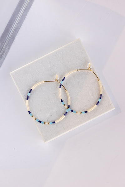 CL Glass Bead Hoop Earrings, Cream/Navy/Light Blue