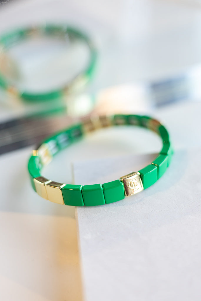 CL Tile Bead Bracelet, Green/Gold