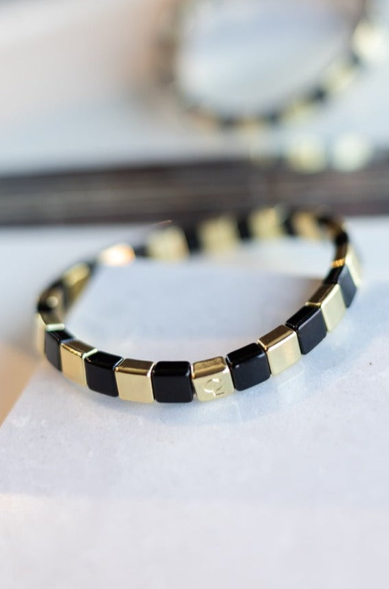 CL Black & Gold Tiny Tile Beaded Bracelet