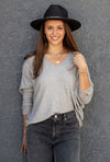 Gwen Oversized V-Neck Top w/ Thumbhole, Heather Grey