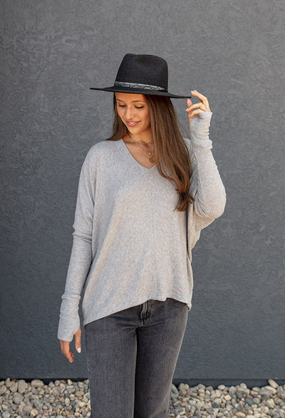 Gwen Oversized V-Neck Top w/ Thumbhole, Heather Grey