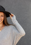 Gwen Oversized V-Neck Top w/ Thumbhole, Heather Grey