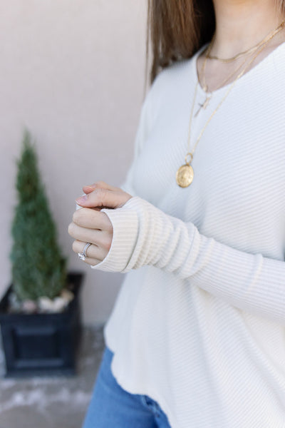 Gwen Oversized V-Neck Top w/ Thumbhole, Cream