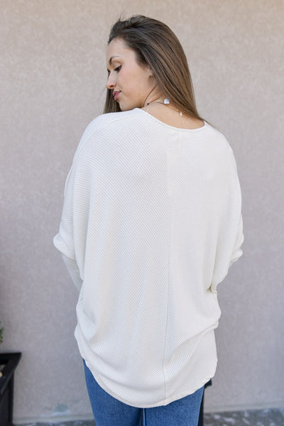 Gwen Oversized V-Neck Top w/ Thumbhole, Cream