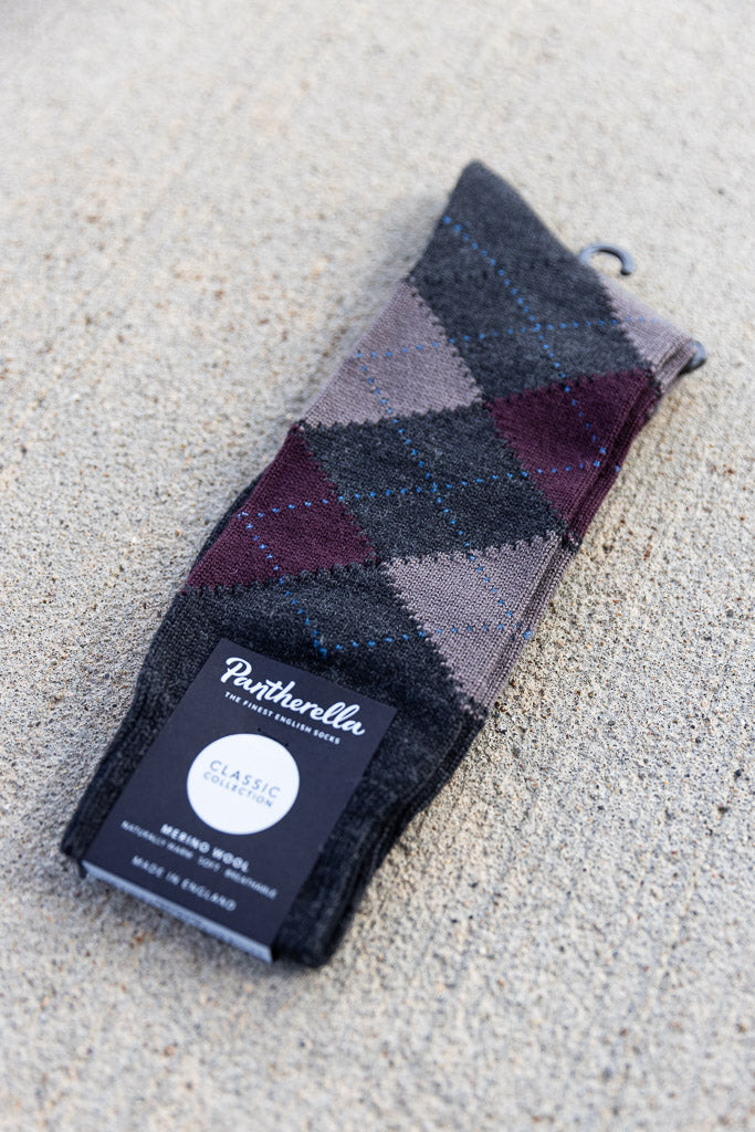 Pantherella Argyle Socks, Charcoal/Merlot
